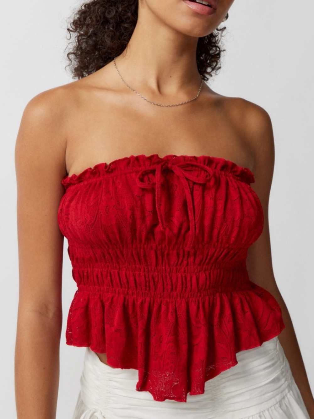 Urban Outfitters Red Lace Smocked Strapless Crop Top